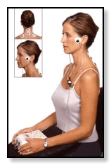 example of woman sitting upright wiht TENS machine to relax muscles